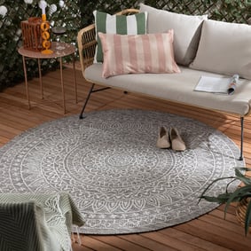 In- & Outdoor Teppich Rund - Summer Azteca Hellgrau