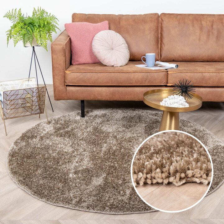 Hochflor Teppich Rund - Glazy Taupe Braun - 7