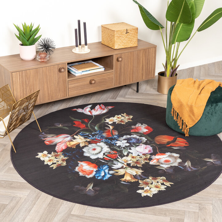 Teppich Floral Rund - Florine Schwarz Blau