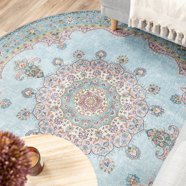 Teppich Vintage Rund - Lily Medaillon Hellblau Türkis - 5