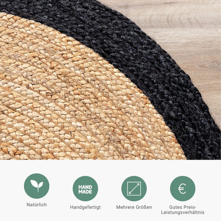 Jute Teppich Rund - Fair Natur Schwarz - 5
