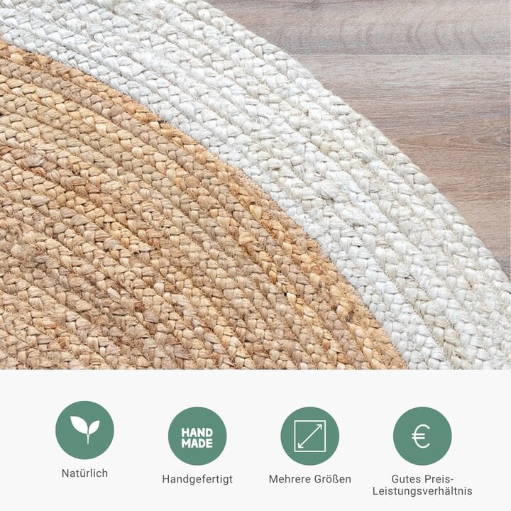 Jute Teppich Rund - Fair Natur Weiß - 5