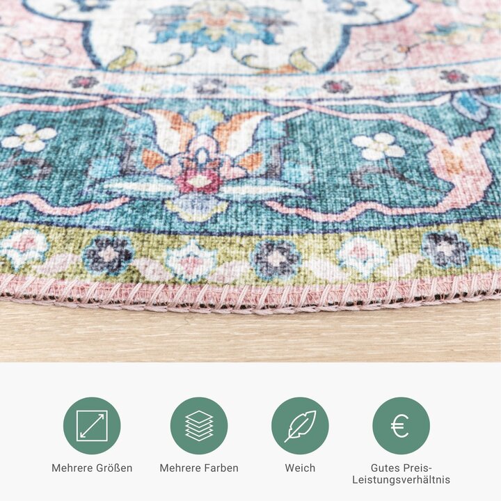 Teppich Vintage Rund - Lily Oriental Blau Rosa - 4