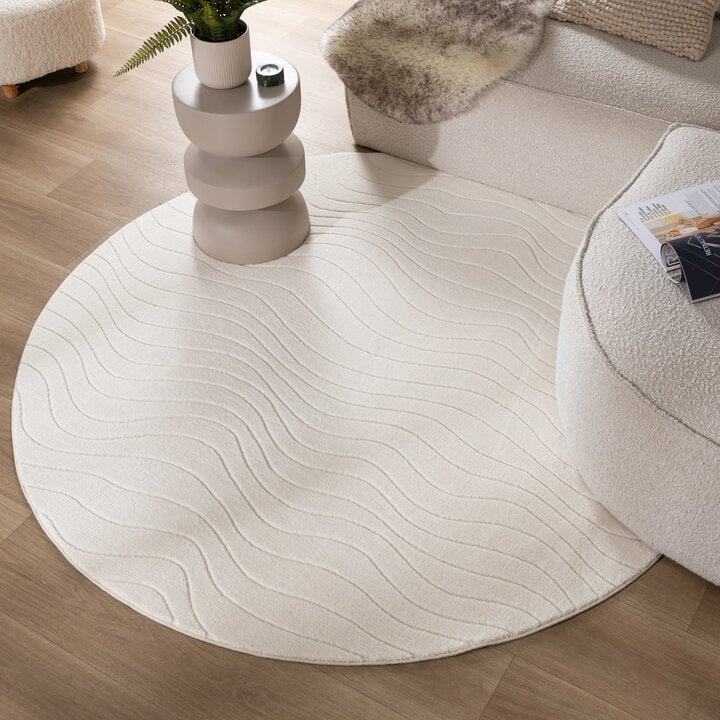 Runder Teppich Wohnzimmer - Charm Waves Weiß